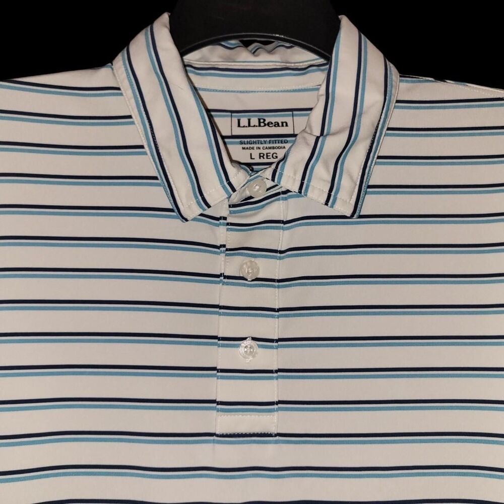 LLBean White, Blue, Black Pinstripes Short Slv Polo Shirt Slightly Fitted Large